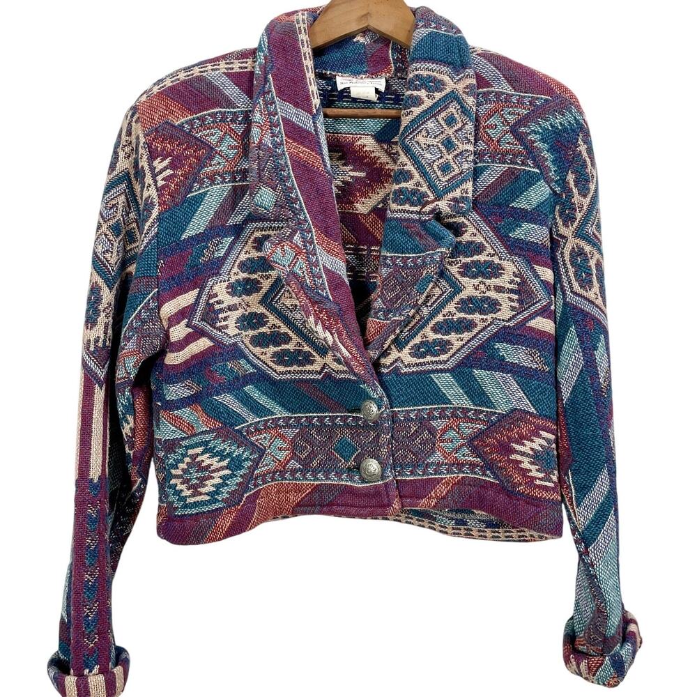 Vintage 80s Cropped Southwestern Blazer Saddle Blanket Conch Button Size Small